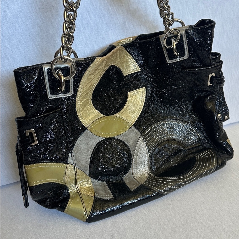 Coach Vintage “C” Signature Inlaid Black Gray Gold Patent Leather Peyton Tote - Picture 13 of 16